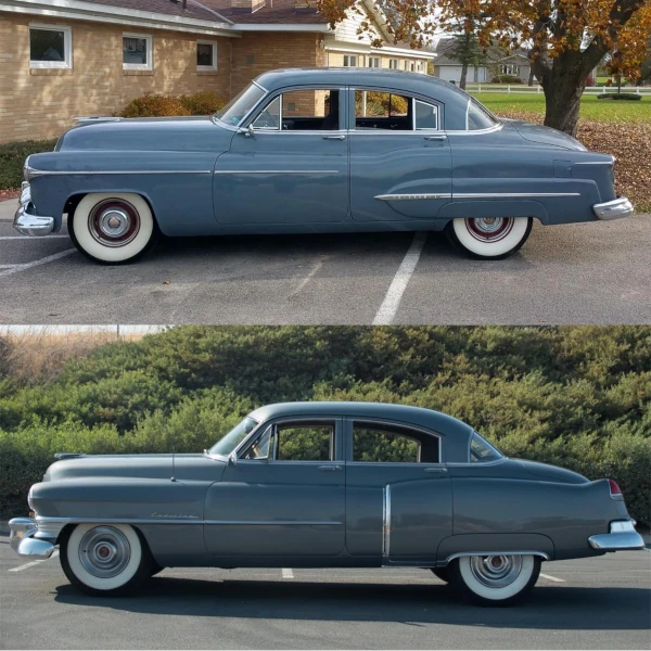 Side views of gray 1950 Oldsmobile 98 Deluxe and Cadillac Series 61 sedans